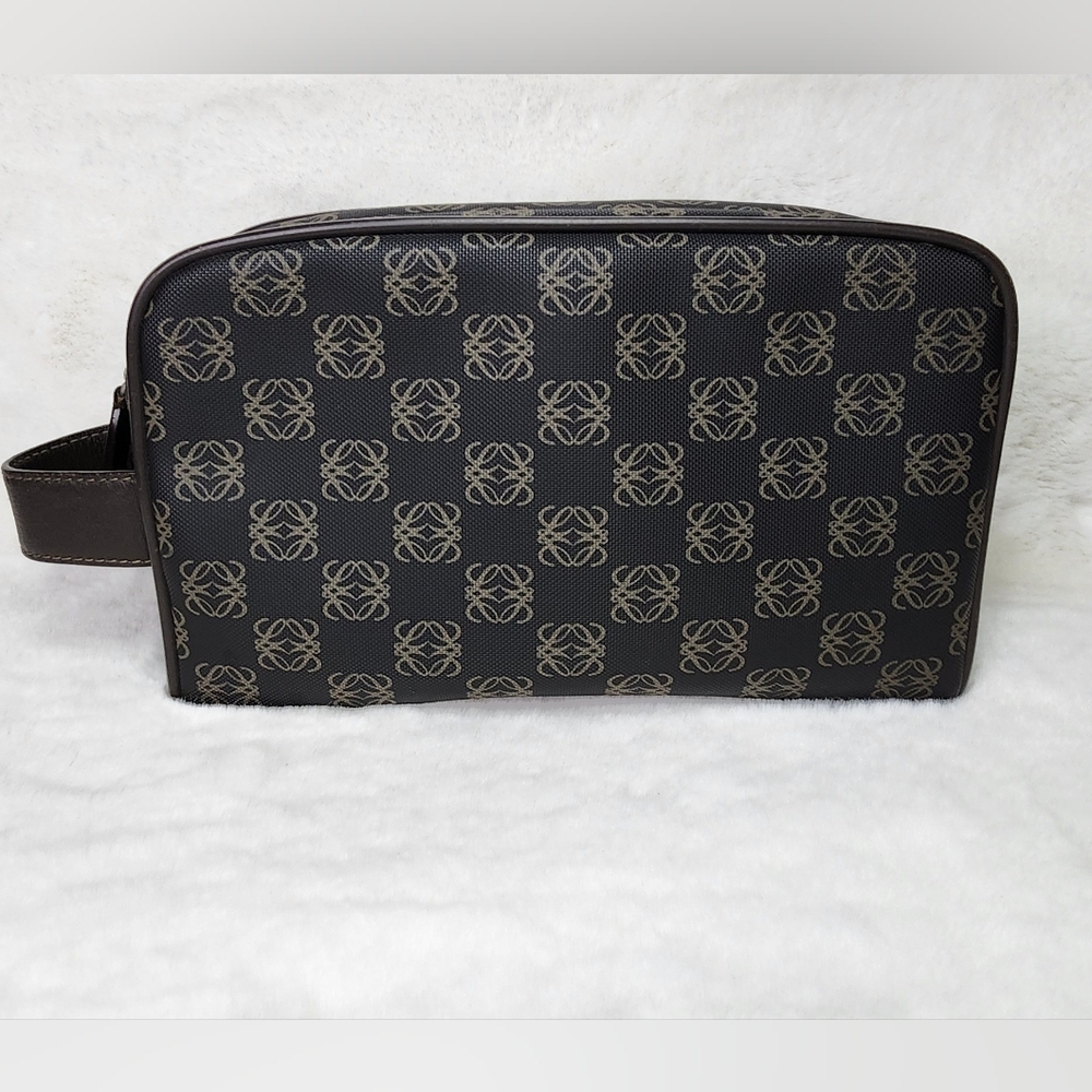 LOEWE Clutch Bag repeat Anagram Gray PVC Brown Leather Silver Zipper